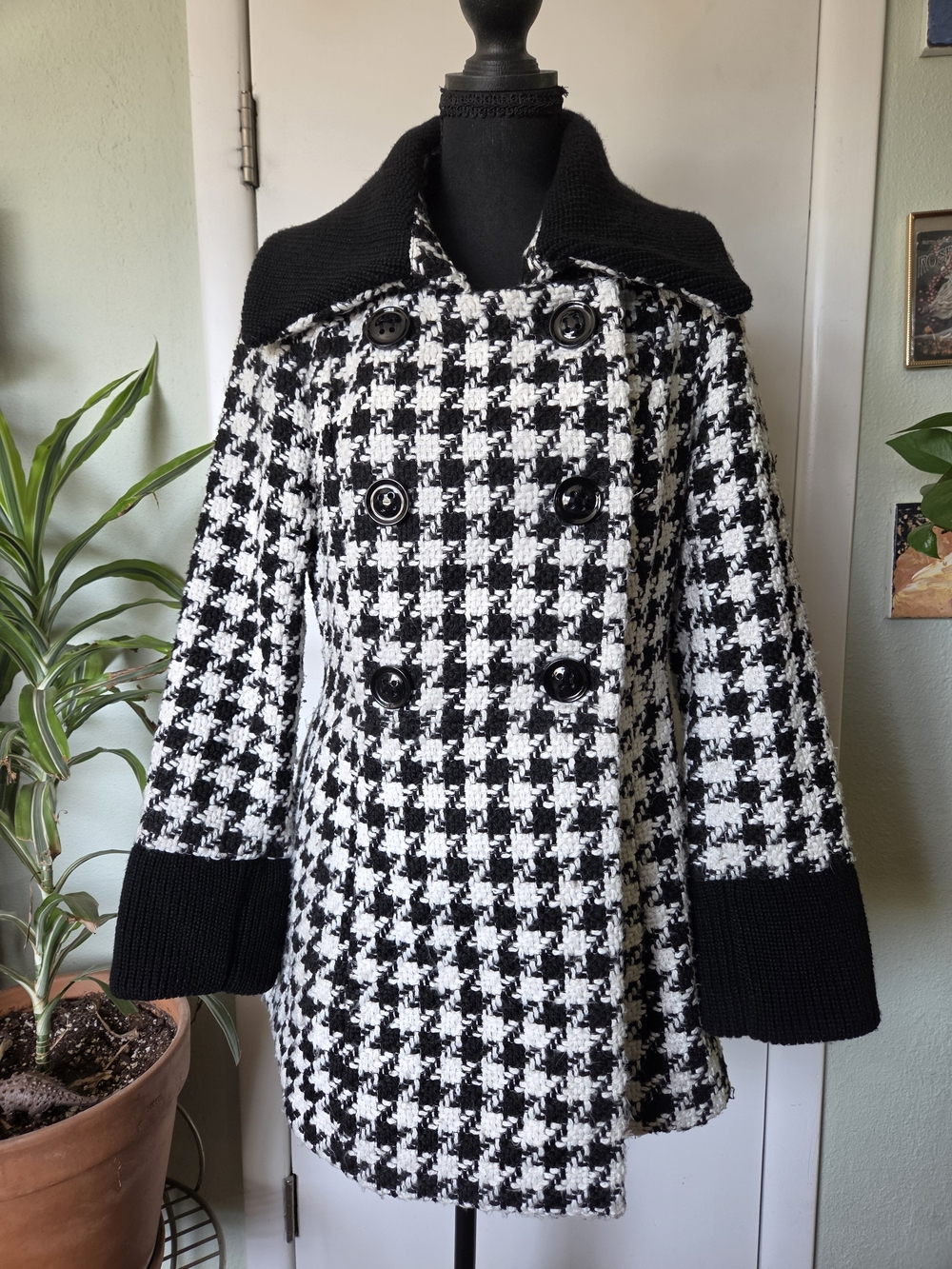 Worthington Black & White Houndstooth Double-Breasted Pea Coat